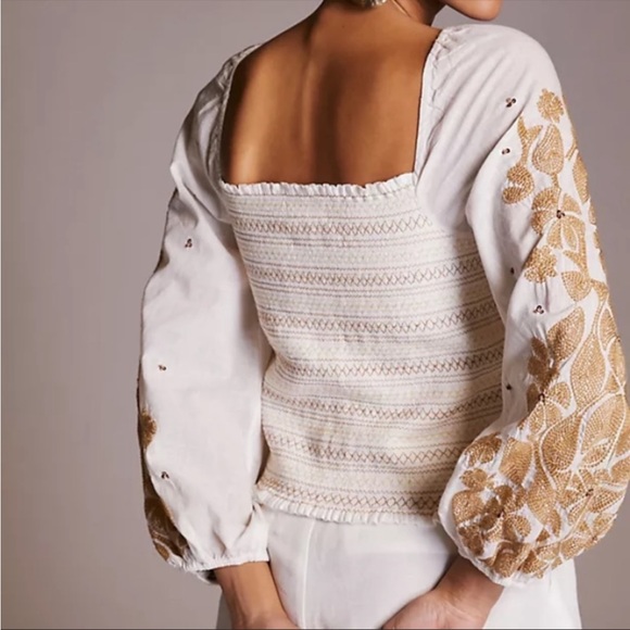 Anthropologie Neutral Smocked Embroidered Ballon Sleeve Blouse Top - Picture 2 of 12